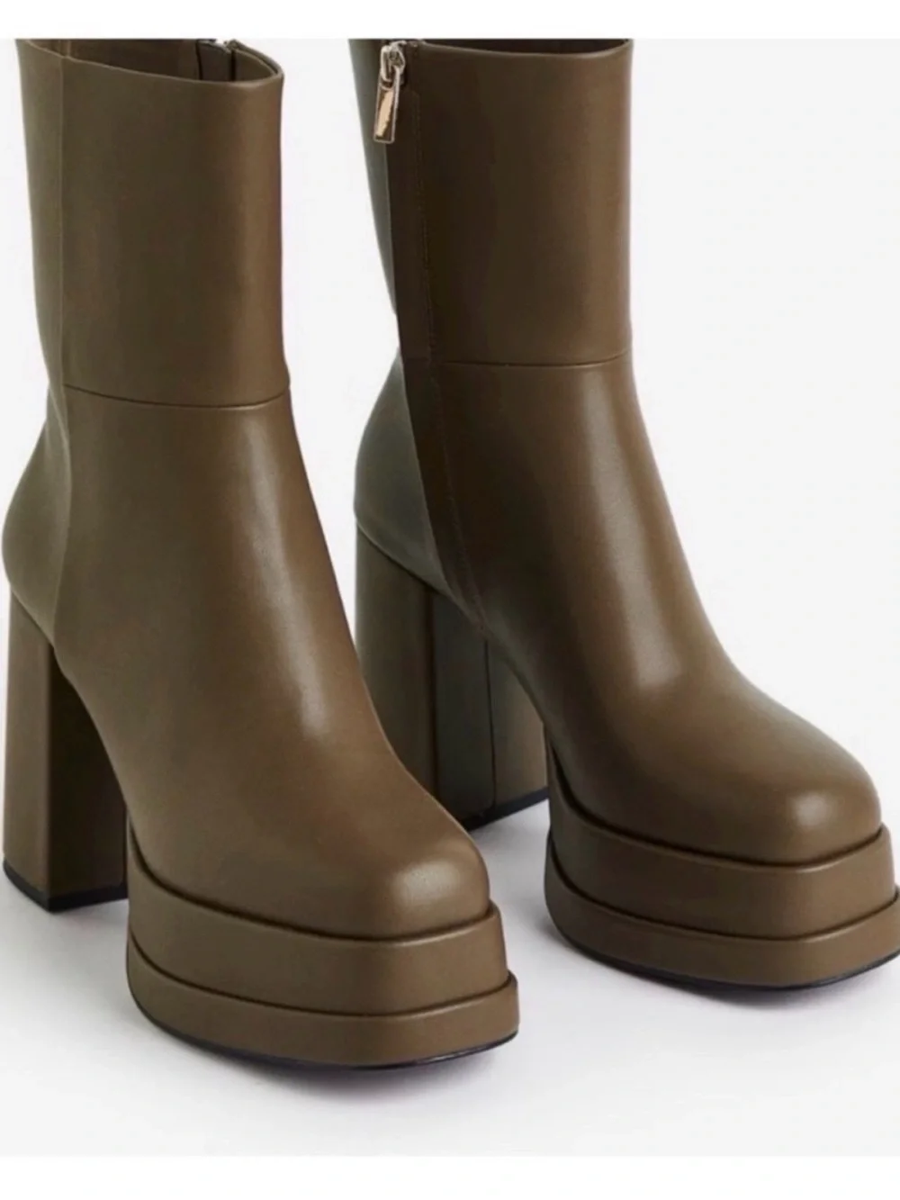 H&M Olive Platform Block-Heel Ankle Boots